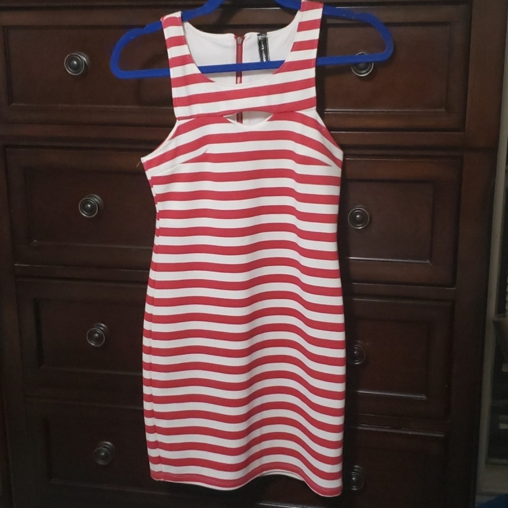 Sexy Red & White stripe bodycon cutout tank dress